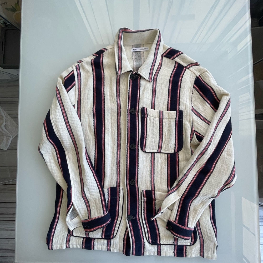 Zara Striped Shirt Jacket in White, Navy Blue, and Red